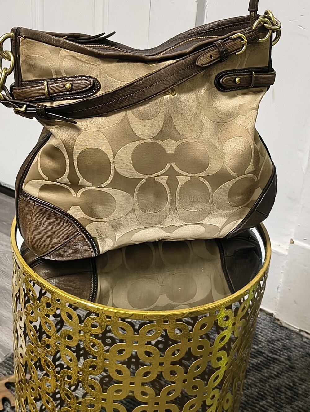 Coach Shoulder Hobo Bag in Tan and Brown Jacquard